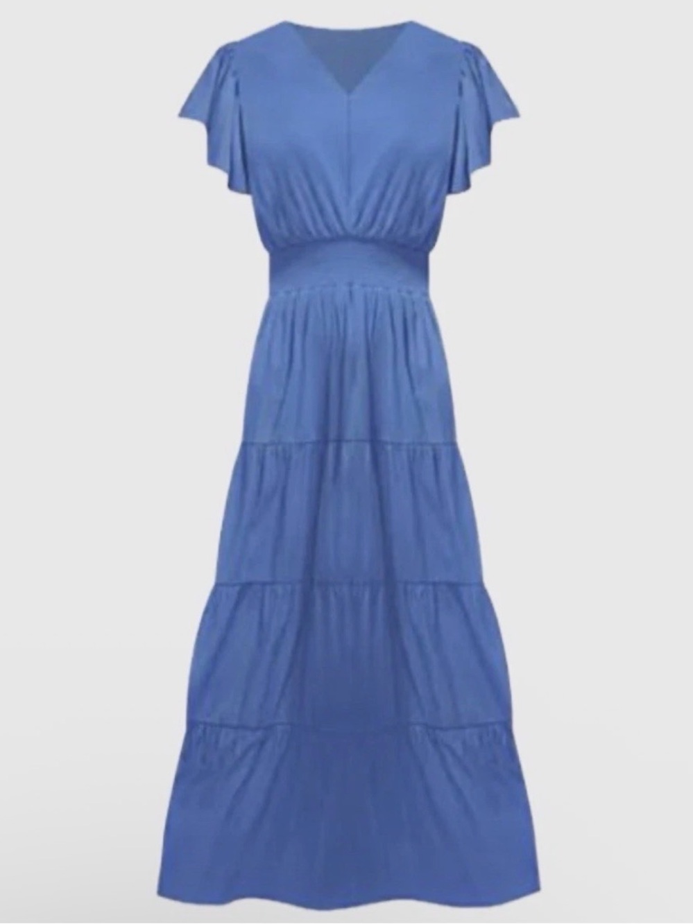 Chico's Dress Blue Tiered Flutter Sleeve Garden Wedding midi Spring Sz 6
